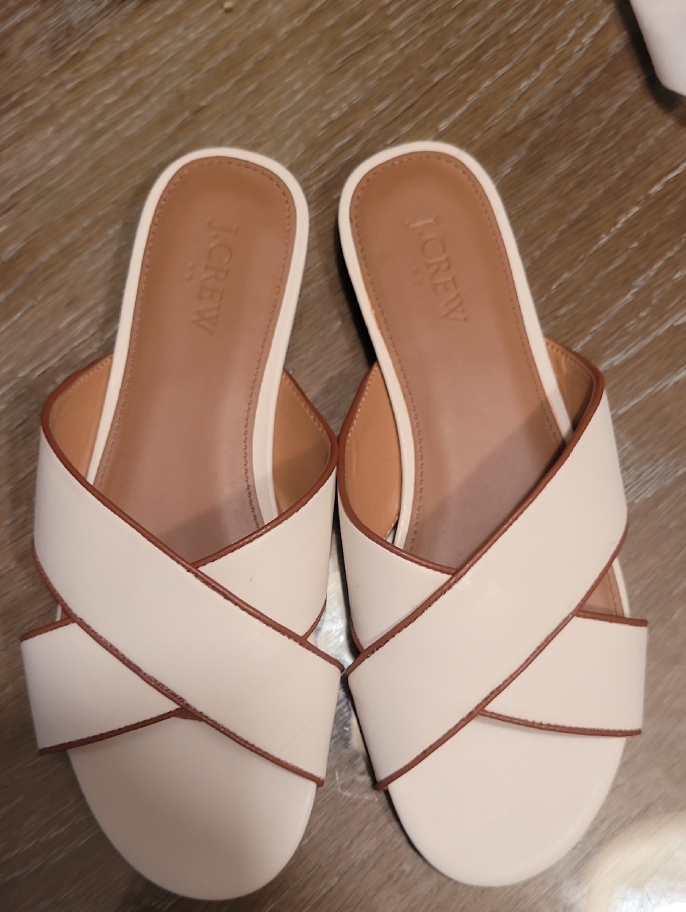 J. Crew Cream Leather Crossover Slide Mules with Brown Trim